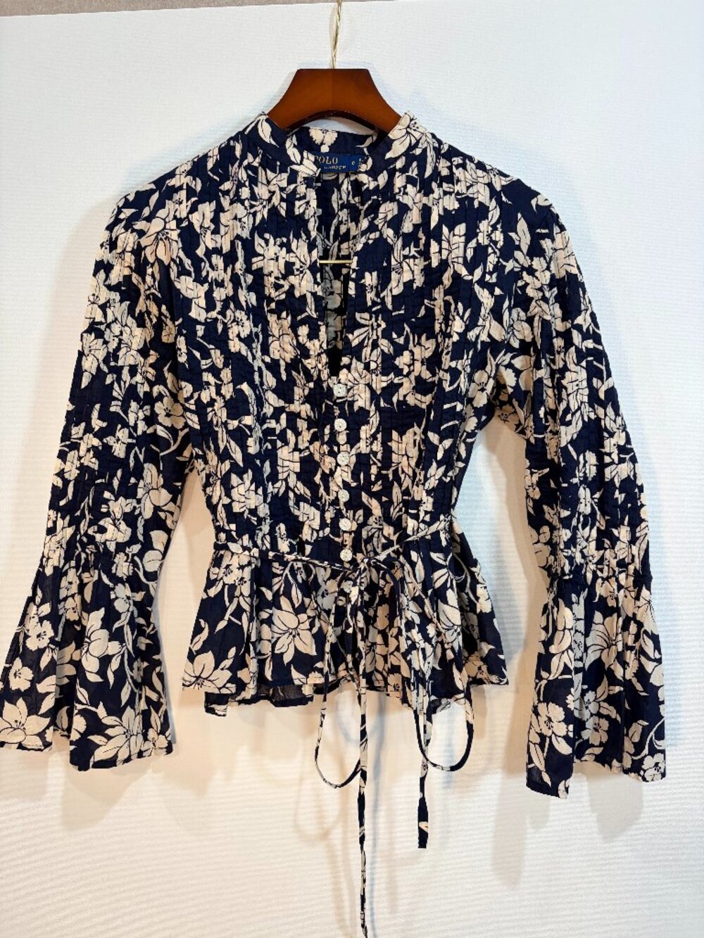 Polo Ralph Lauren Navy Floral Pintuck Peplum Top Tie Waist Women's 0